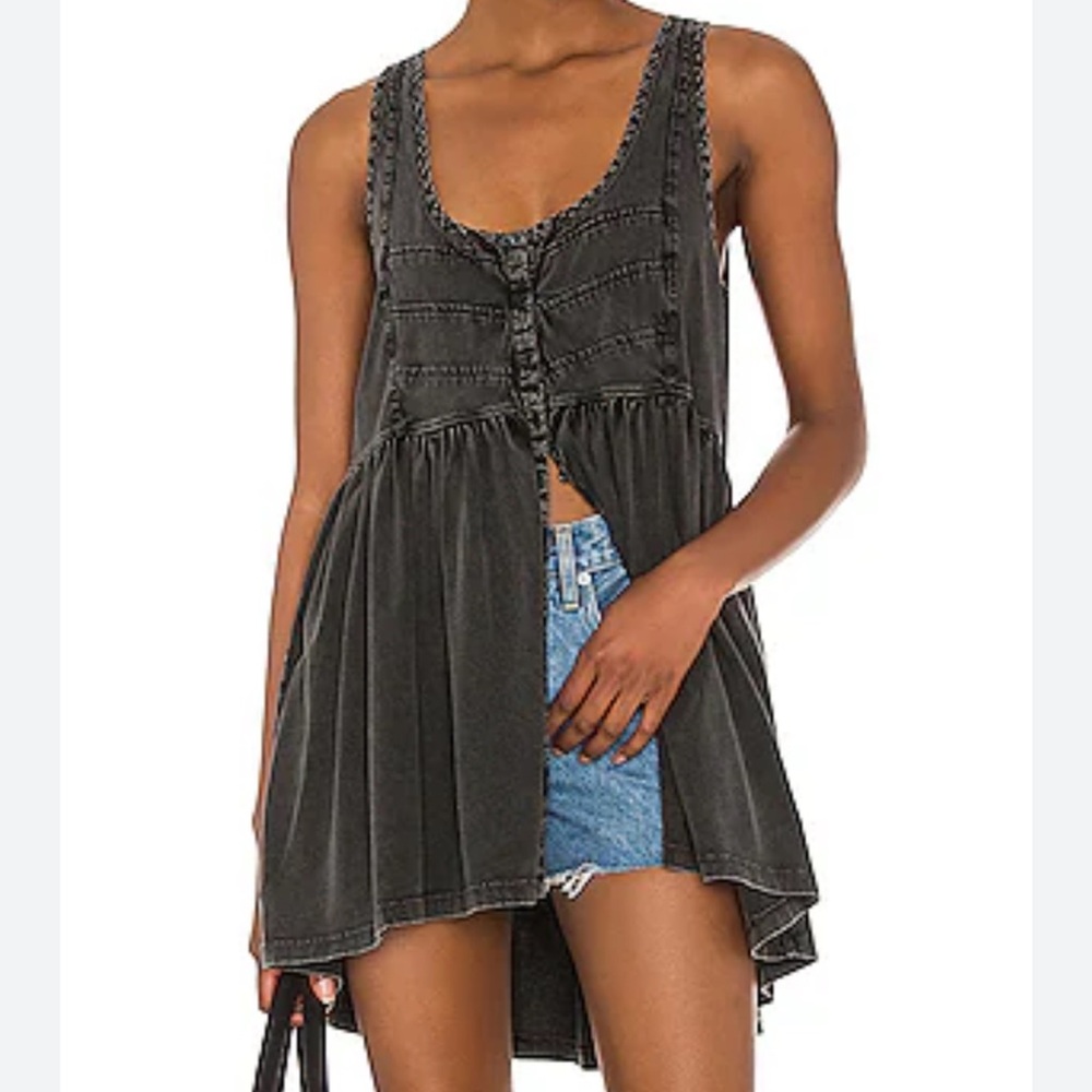 Free People Brooke Cotton Tunic Babydoll Tank Washed Black Button Cotton-Small